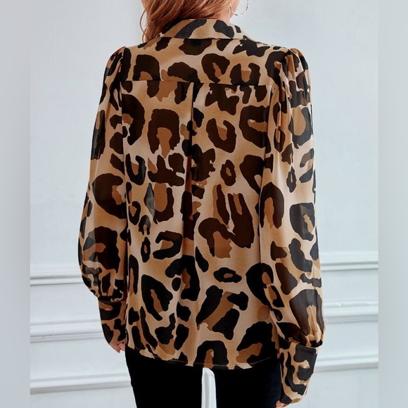 Leopard Print Sheer Button Down Shirt Top Blouse - Picture 2 of 6